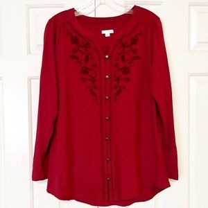 J. Jill Embroidered Floral Red Burgundy Tunic Top Notched V-neck Blouse Small S